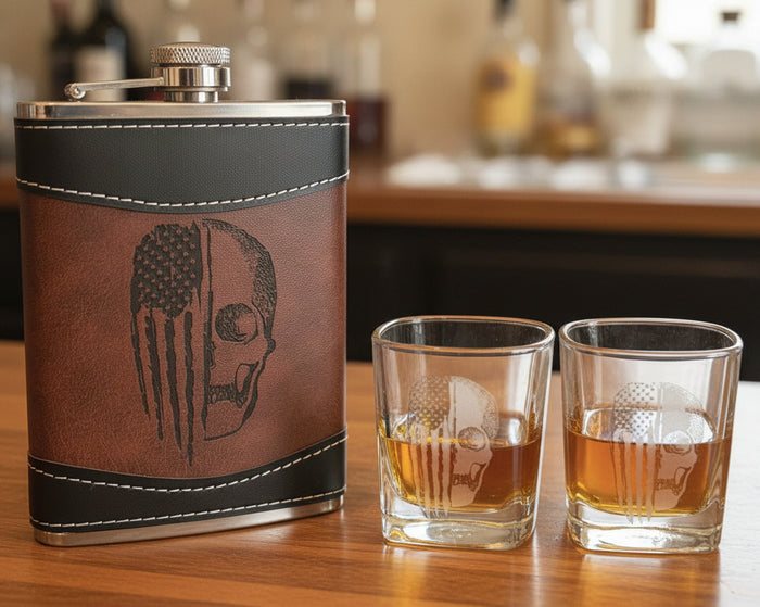 WE THE PEOPLE SKULL – Flask & Shot Glass Gift Set