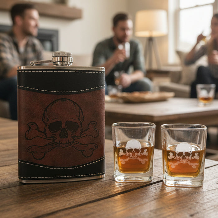 WHAT’S YOUR POISON CROSSBONES – Flask & Shot Glass Gift Set