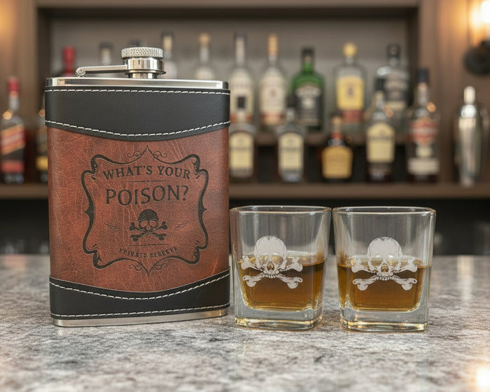 WHAT’S YOUR POISON – Flask & Shot Glass Gift Set