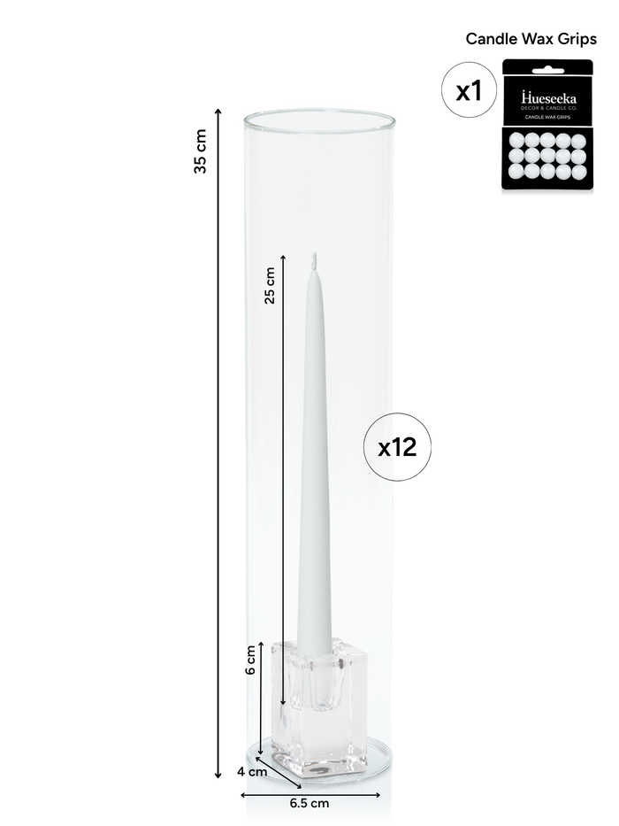 White 25cm Taper Candles with Medium Glass Holders and Sleeves - Set of 12 Pack of 12