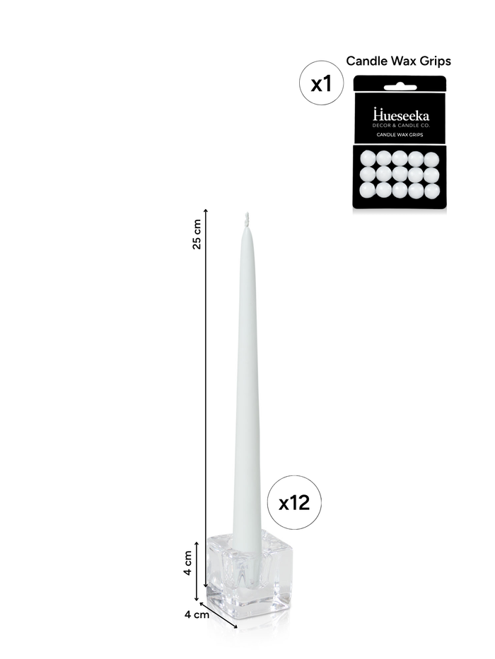 White 25cm Taper Candles with Small Glass Holders - Set of 12 Pack of 12