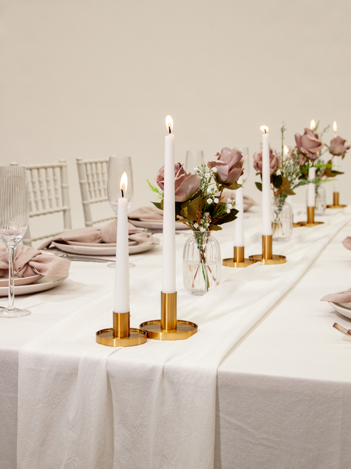 White 25cm Taper Candles with Small Gold Maya Metal Holders - Set of 12 Pack of 12