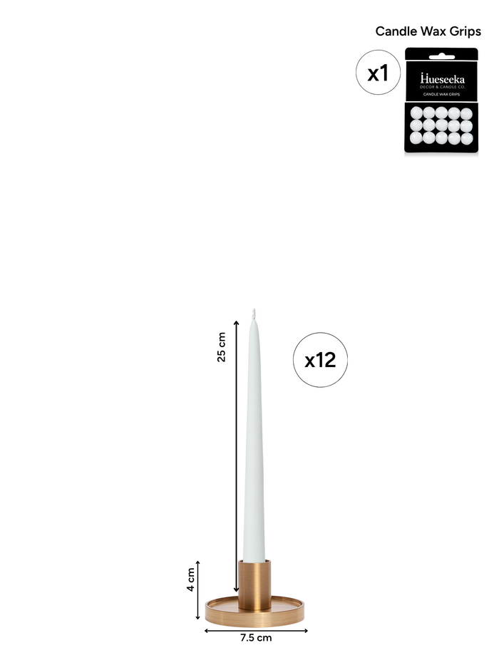 White 25cm Taper Candles with Small Gold Maya Metal Holders - Set of 12 Pack of 12