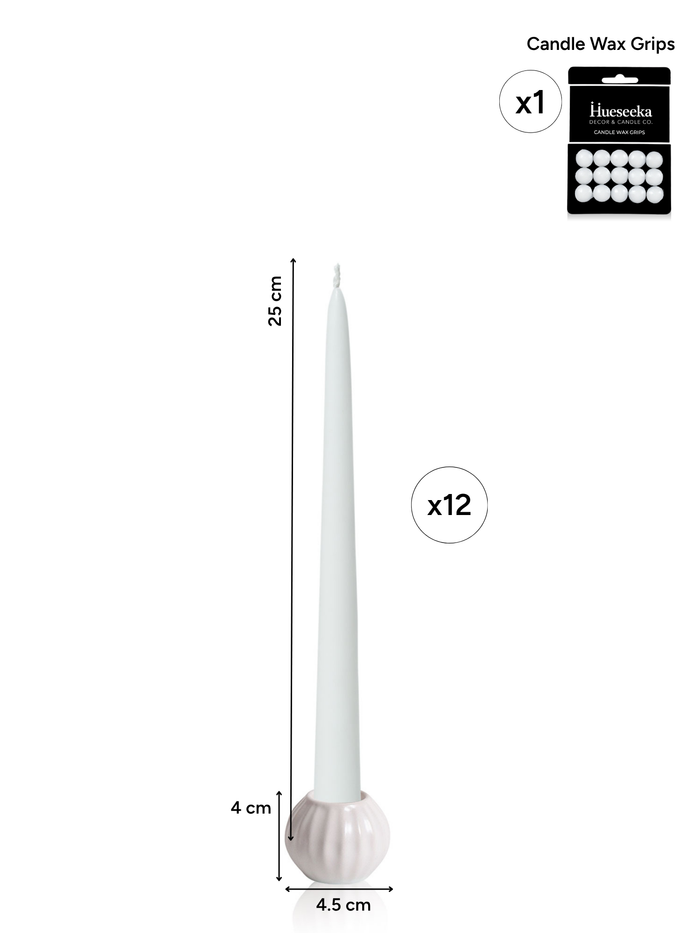 White 25cm Taper Candles with White Medium Posey Ceramic Holders - Set of 4 Pack of 4