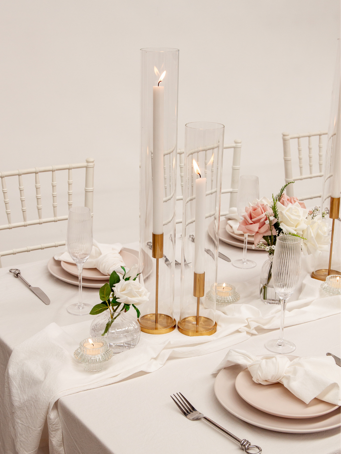 White 30cm Dinner Candles with Gold Metal Holders and Sleeves Trio - Set of 4 Pack of 4