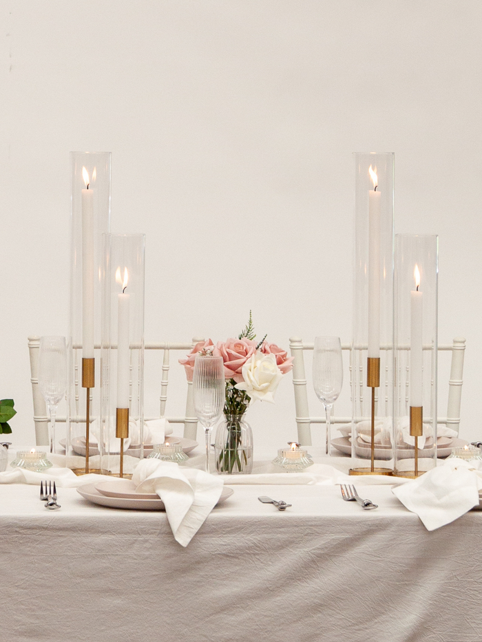 White 30cm Dinner Candles with Gold Metal Holders and Sleeves Trio - Set of 4 Pack of 4