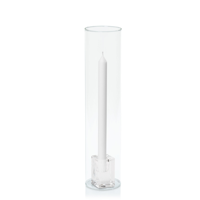 White 30cm Dinner Candles with Medium Glass Holders and Sleeves - Set of 12