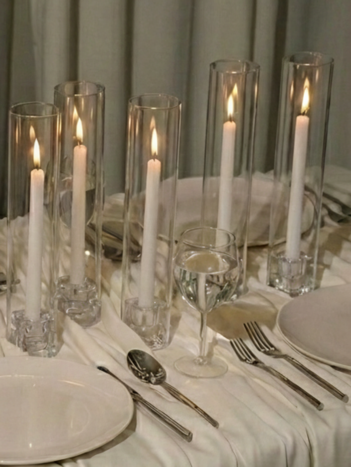 White 30cm Dinner Candles with Medium Glass Holders and Sleeves - Set of 12