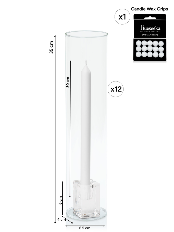 White 30cm Dinner Candles with Medium Glass Holders and Sleeves - Set of 12