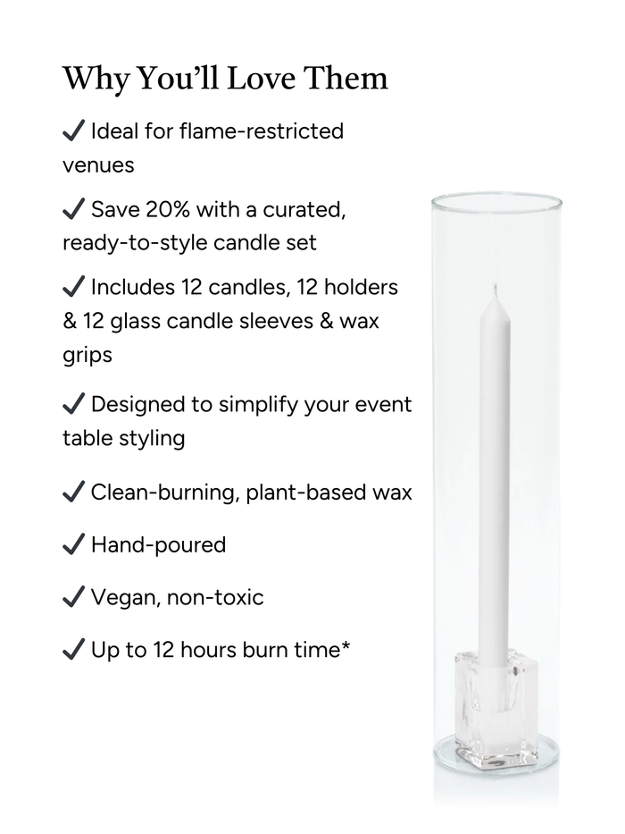 White 30cm Dinner Candles with Medium Glass Holders and Sleeves - Set of 12