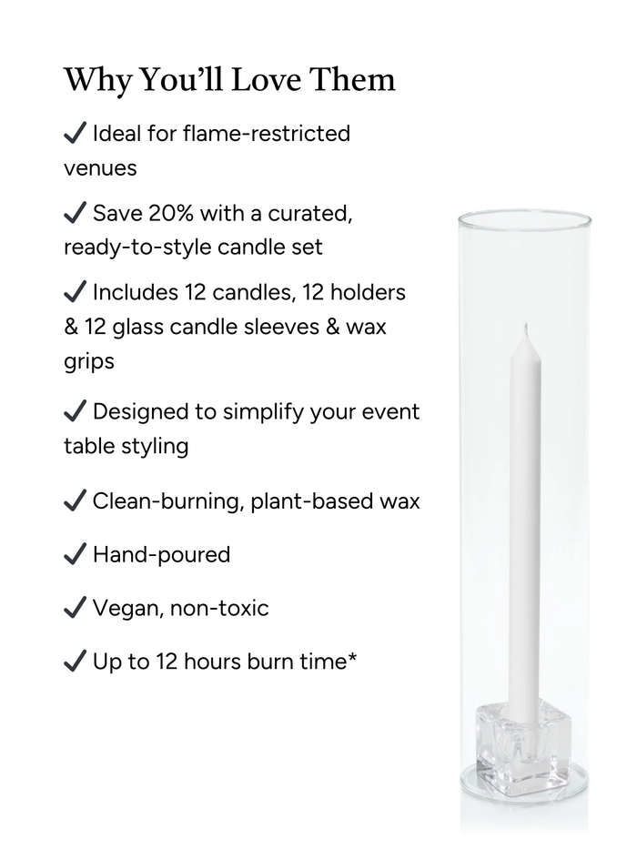 White 30cm Dinner Candles with Small Glass Holders and Sleeves - Set of 12
