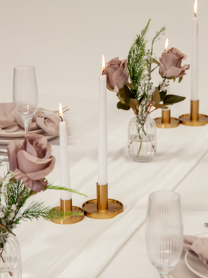 White 30cm Dinner Candles with Small Gold Maya Metal Holders - Set of 12 Pack of 12