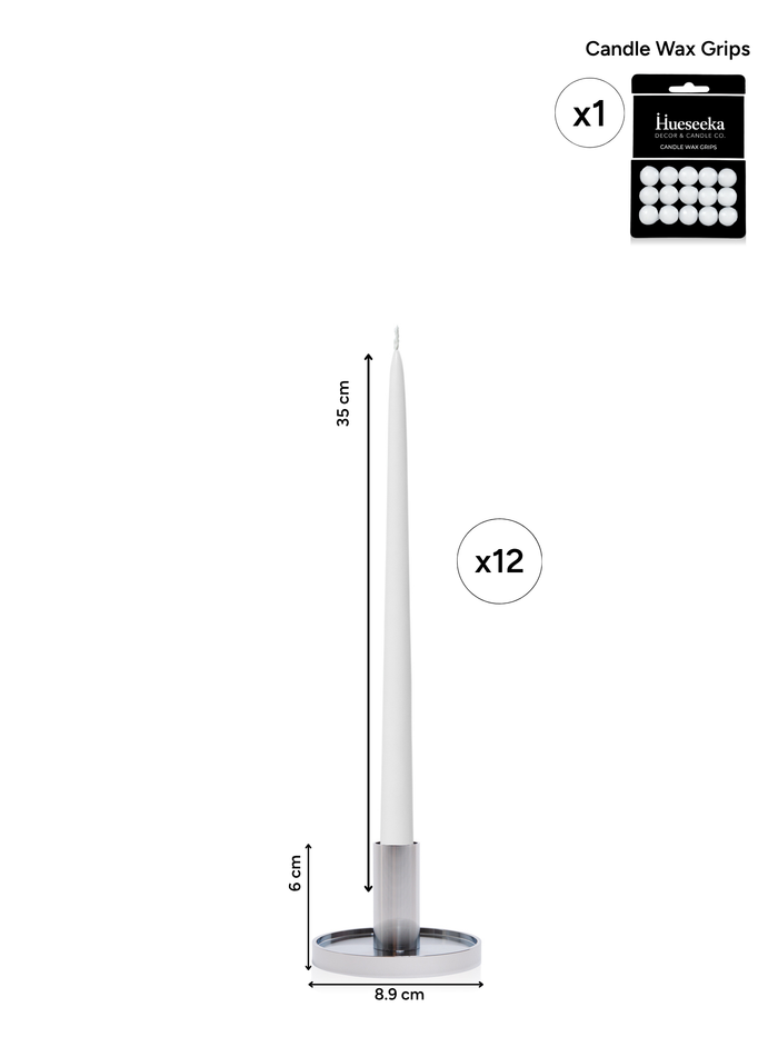 White 35cm Taper Candles with Medium Silver Maya Metal Holders - Set of 12 Pack of 12