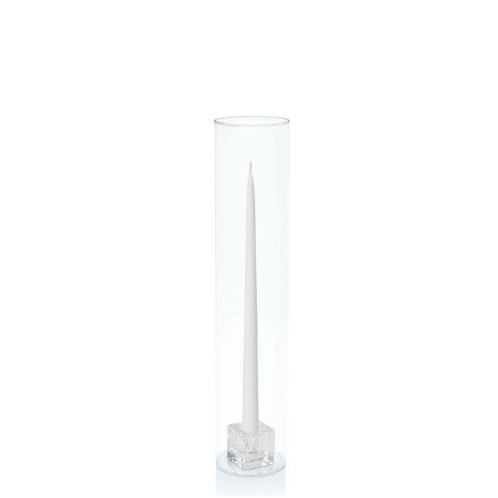 White 35cm Taper Candles with Small Glass Holders and Sleeves - Set of 12 Pack of 12