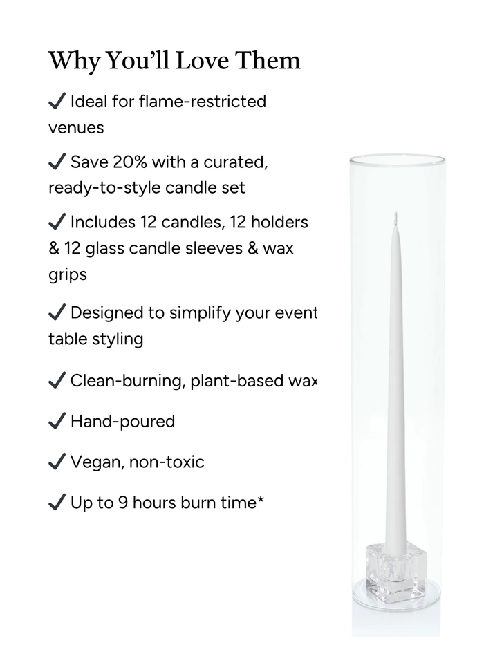 White 35cm Taper Candles with Small Glass Holders and Sleeves - Set of 12