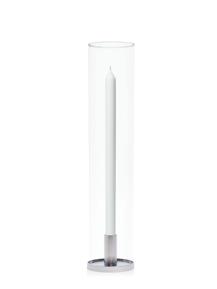 White 40cm Dinner Candles with Medium Silver Maya Metal Holders and Glass Sleeves - Set of 12 Pack of 12