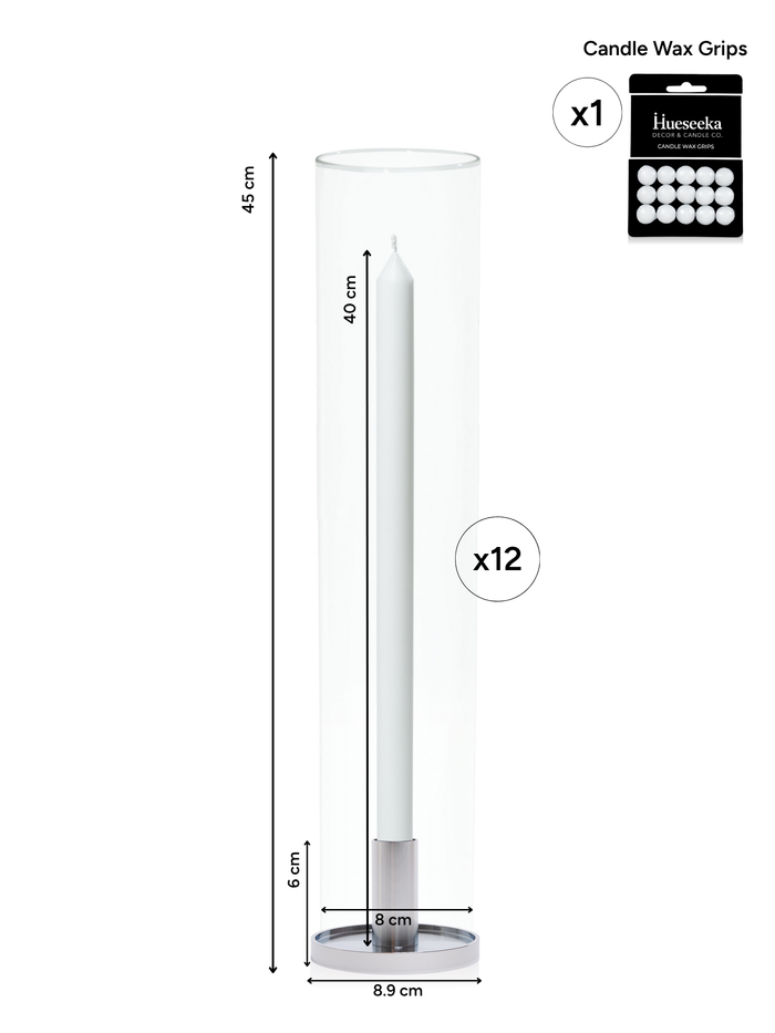 White 40cm Dinner Candles with Medium Silver Maya Metal Holders and Glass Sleeves - Set of 12 Pack of 12