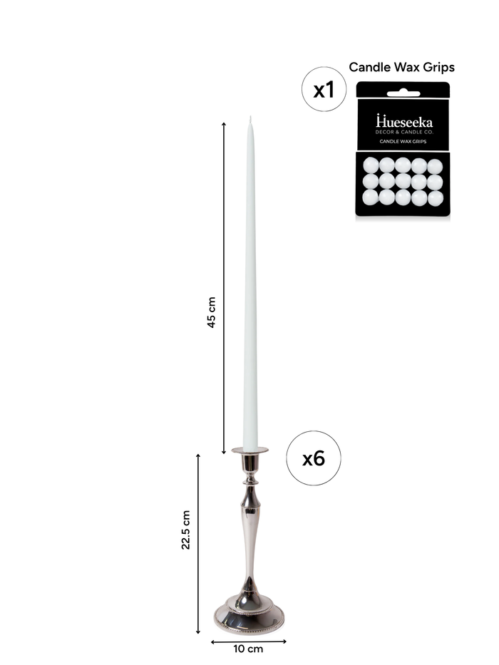 White 45cm Taper Candles with Medium Antique Silver Juliette Candle Holders - Set of 6