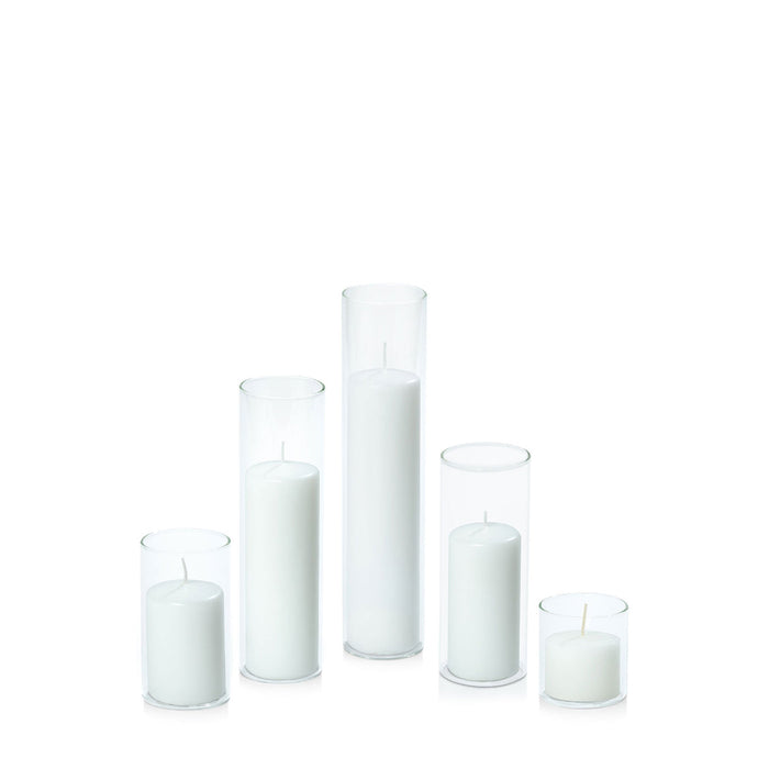 White 5cm Event Pillar in 5.8cm Glass, Sm - Set of 6