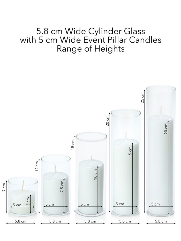 White 5cm Event Pillar in 5.8cm Glass, Sm - Set of 6