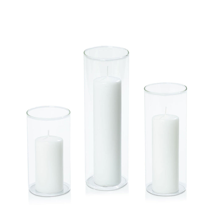 White 5cm Event Pillar in 8cm Glass, Med - Set of 6