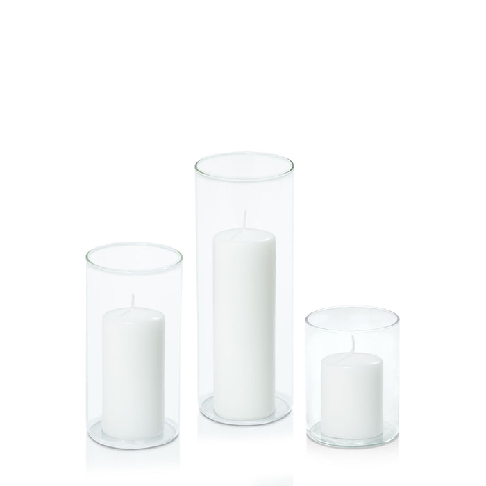 White 5cm Event Pillar in 8cm Glass Set - Sm Pack of 1
