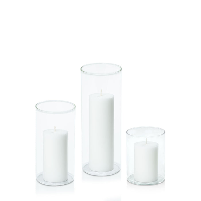 White 5cm Pillar in 8cm Glass, Sm - Set of 6