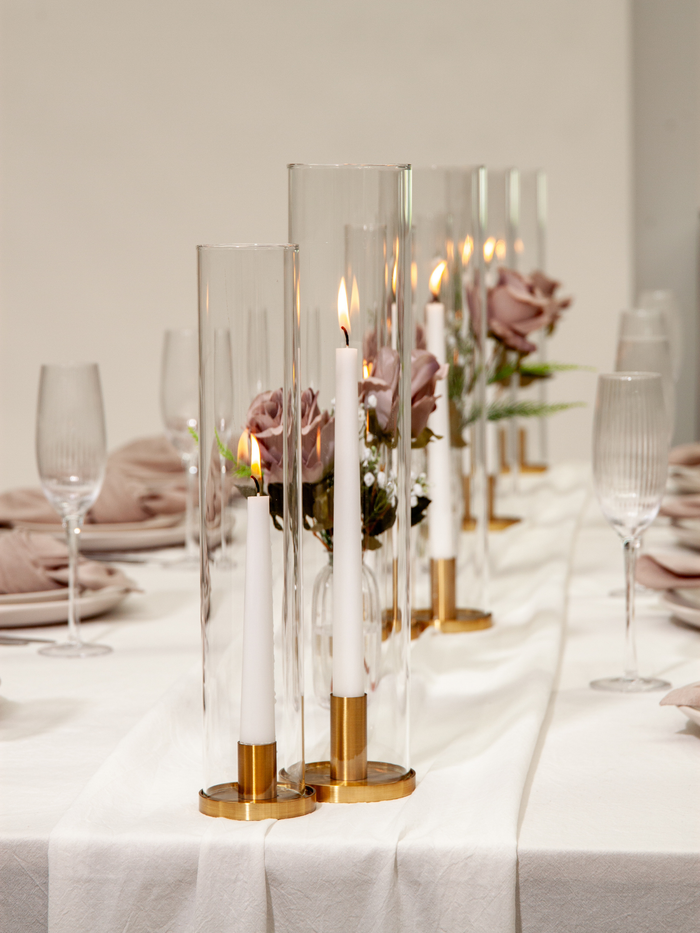 White 65cm Taper Candles with Medium Gold Maya Metal Holders and Sleeves - Set of 6 Pack of 6