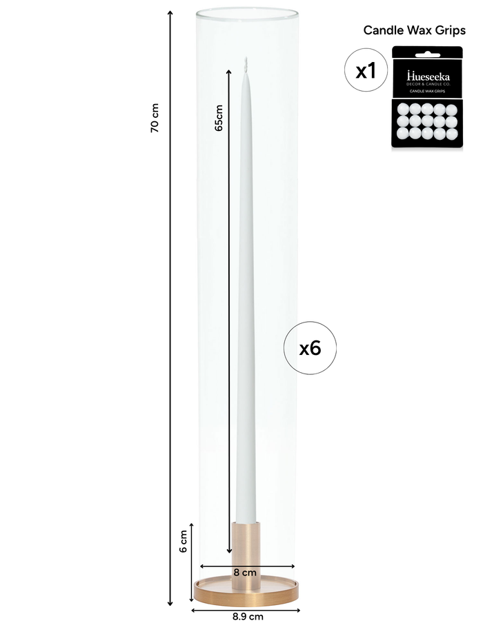 White 65cm Taper Candles with Medium Gold Maya Metal Holders and Sleeves - Set of 6 Pack of 6