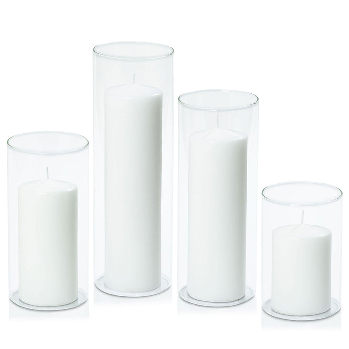 White 7cm Event Pillar in 10cm Glass, Med - Set of 6