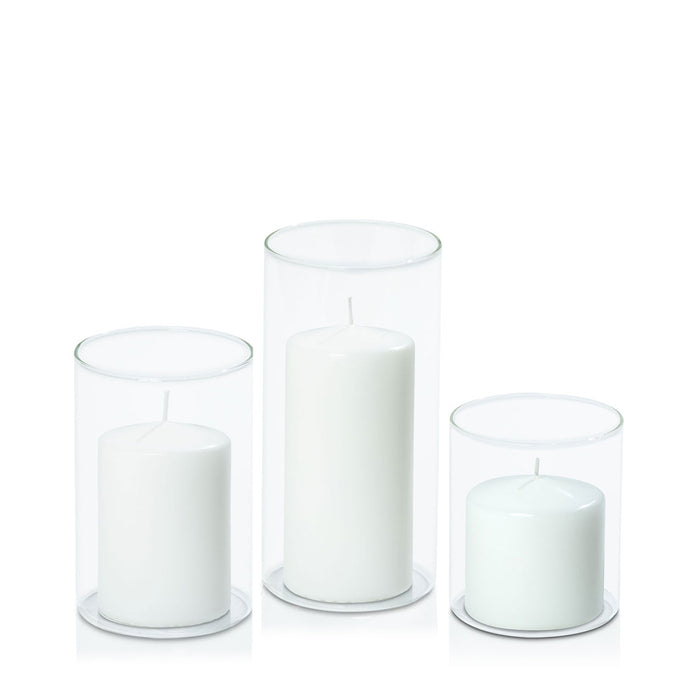 White 7cm Event Pillar in 10cm Glass Set - Sm Pack of 1