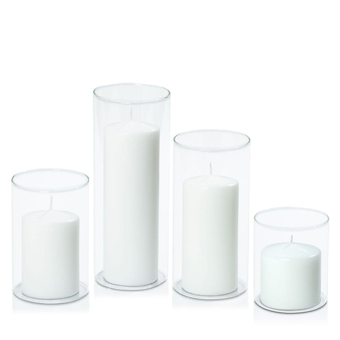 White 7cm Event Pillar in 10cm Glass, Sm - Set of 6