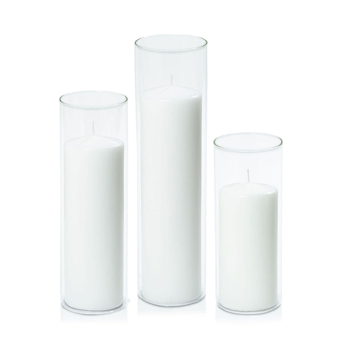 White 7cm Event Pillar in 8cm Glass, Lg - Set of 6