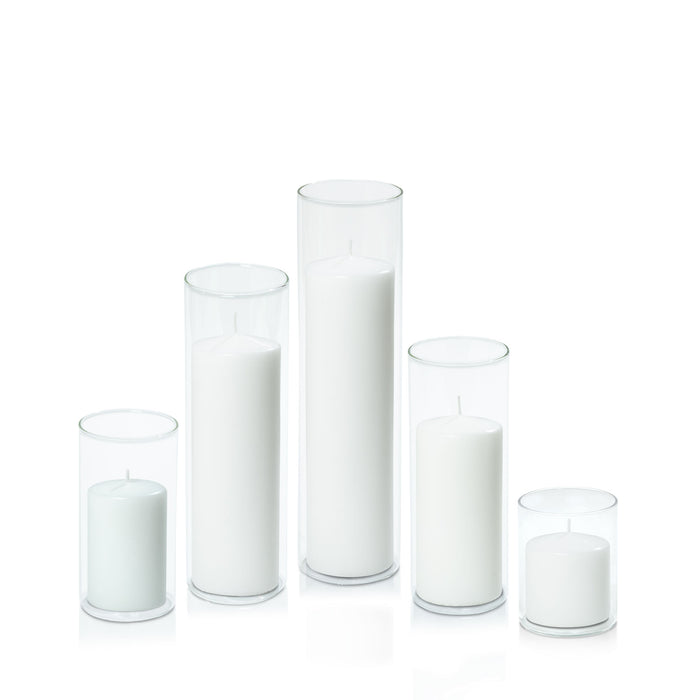 White 7cm Event Pillar in 8cm Glass Set - Sm Pack of 1
