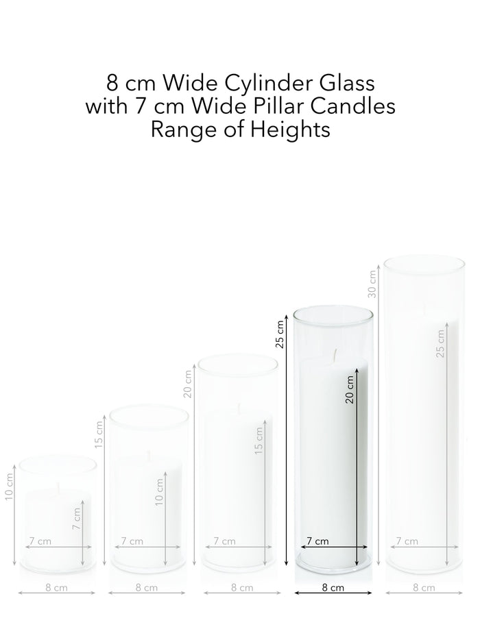 White 7cm x 20cm Pillar in 8cm x 25cm Glass Pack of 1