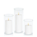 White 8cm LED Pillar in 10cm Glass, Med - Set of 6