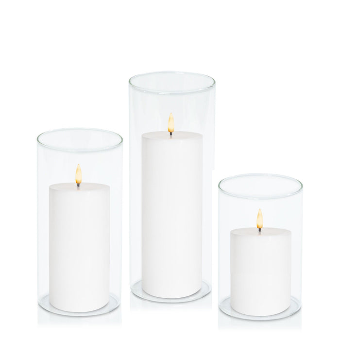 White 8cm LED Pillar in 10cm Glass, Med - Set of 6