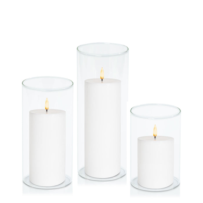 White 8cm LED Pillar in 10cm Glass Set - Med Pack of 1