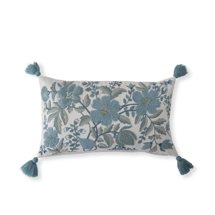 White Linen & Blue Embroidered Floral Pillow with Tassels