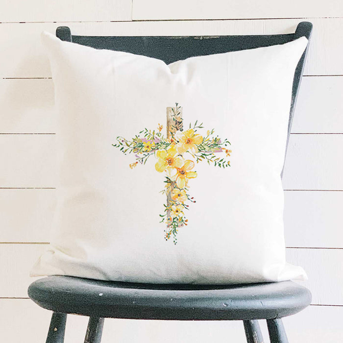 Yellow Floral Cross - Easter Square Canvas Pillow